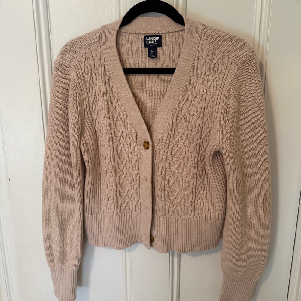 Lands' End Women's Cable Knit Button-Front Cardigan - Tan (M)